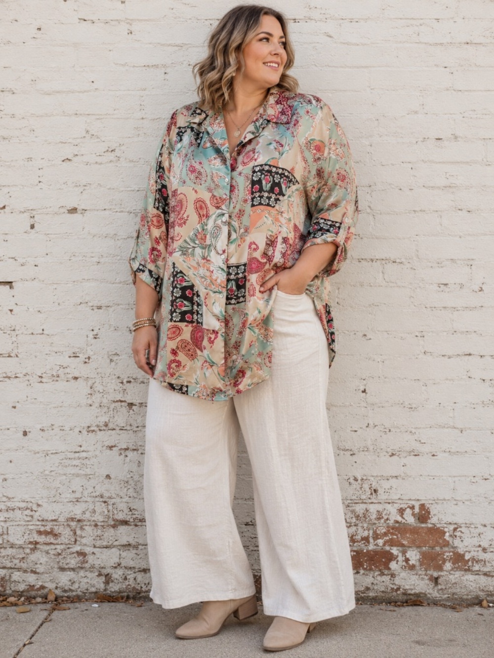 Chapter One Lagenlook Patchwork Paisley Blouse 2X Button Front Roll Tab Sleeves
